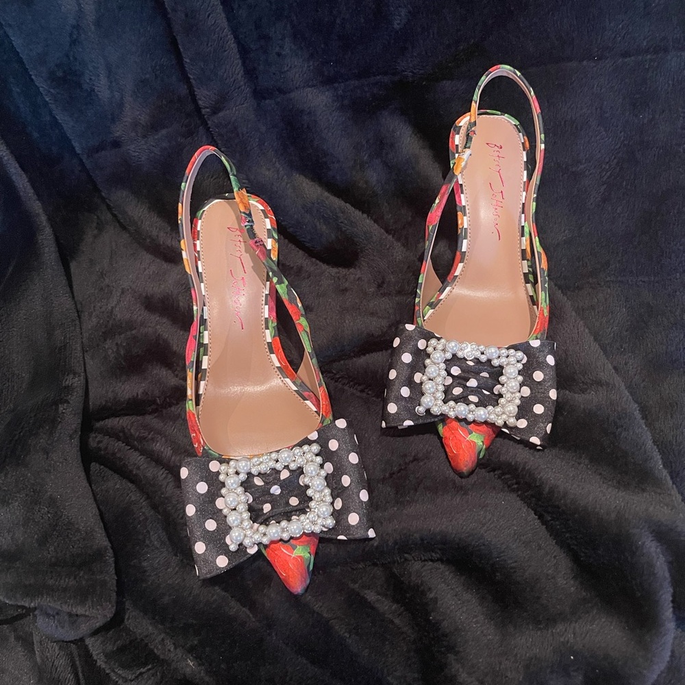Betsey Johnson Multicolor Slingback Heels with Pearl Buckle…. Never worn